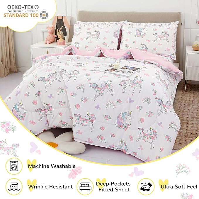 Viviland Kids Full Bedding Sets for Girls, Soft Full Comforter Set with Sheets, 7 Pieces Microfiber Bed in a Bag, White Unicorn