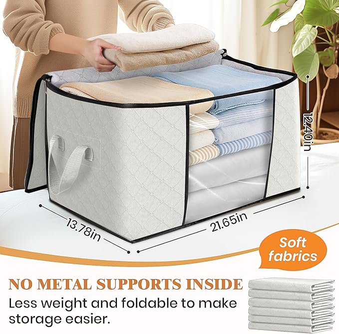 Fab totes 6 Pack Clothes Storage, Foldable Thick Fabric Blanket Storage Bags, Containers for Organizing Bedroom, Closet, Clothing, Comforter, Organization with Handle,Ivory White