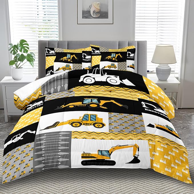 Construction Comforter Set Twin Boys,Yellow Twin Construction Bedding Set,Engineering Vehicles Comforter Yellow Bedroom Decor Kids,Truck Quilt Cartoon Truck Bedding for Teen