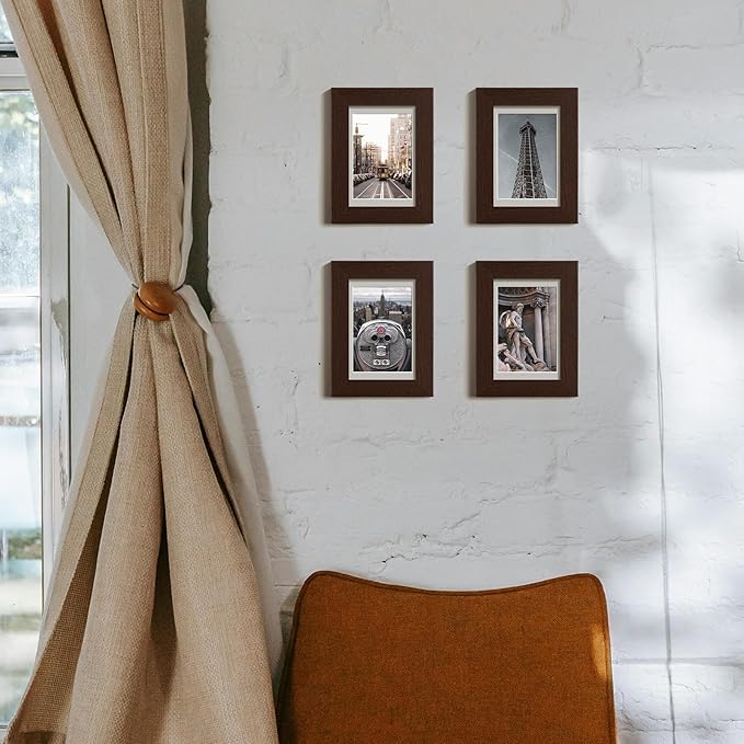 4x6 Picture Frame with Mat for 3.5x5, Walnut Wood Grain Dark Brown Gallery Wall Picture Frames for Tabletop or Wall Mounting(4 Pack, Walnut)