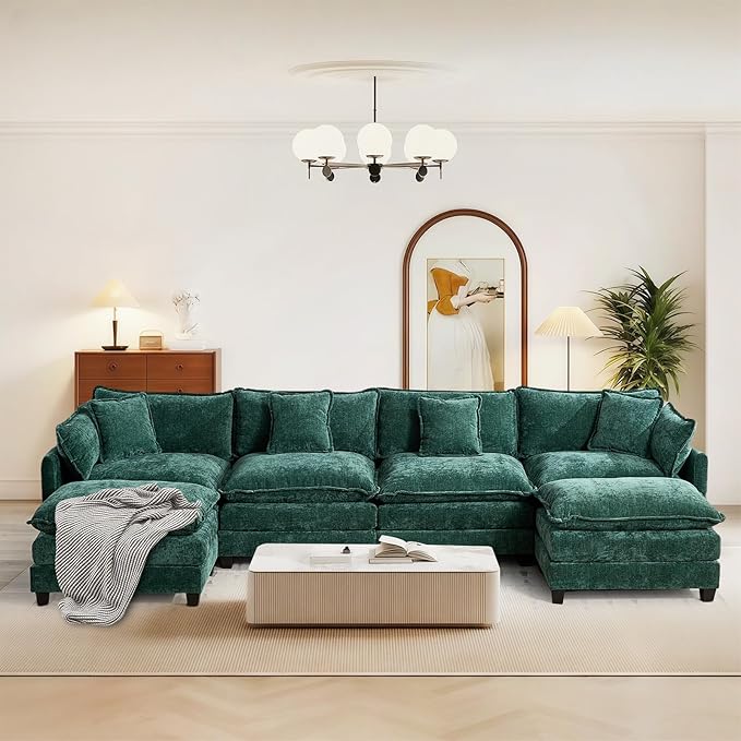 SoarFlash 149.61" Chenille Sectional Sofa, Comfy U Shaped Modular Coush Sofa with Ottoman, Modern 4 Seat Couch Deep Seat Sofa Set for Living Room,Green