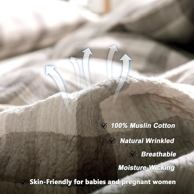 VM VOUGEMARKET Beige Grey Gingham Duvet Cover Queen Muslin Cotton Plaid Bedding Set Soft Breathable Linen Like Gauze Comforter Cover with Zipper Closure for Teen Men-3 Pieces,90"x90"
