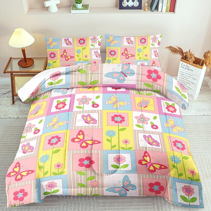 Pink Butterfly Kids Comforter Set King Girls Floral Bedding Set Girls Pink Grid Comforter Kids Quilt Bedroom Decor White Purple Blue Pink Butterfly Bedding Bed Decor