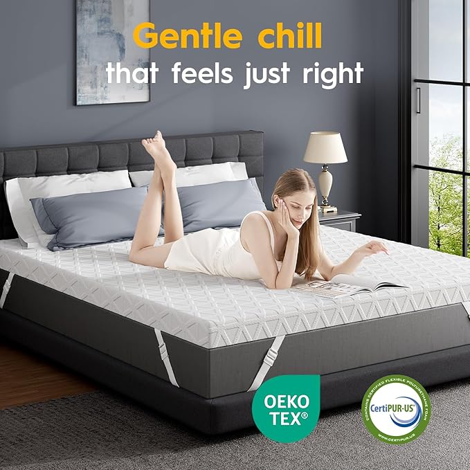 ELEMUSE 2 Inch Gel Memory Foam Mattress Topper Twin- Cooling Ice Silk Removable & Washable Cover, Mattress Topepr for Back Pain Relief, Adjustable Strap & Non-Slip, CertiPUR-US Certified