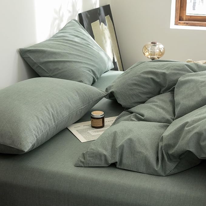 FOSSA Duvet Cover Set 100% Washed Cotton Linen Feel Super Soft Breathable Cozy Simple Style 3 Pieces Bedding Sets Solid Heathered Green Queen