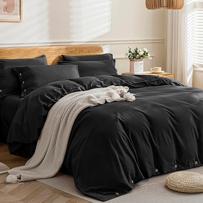 JELLYMONI Cotton Duvet Cover Queen Size - Pure Black Comforter Cover with Button 100% Washed Cotton 3PCS Breathable Soft Solid Bedding Set Duvet Cover 90×90in & 2 Pillowcases (NO Comforter)