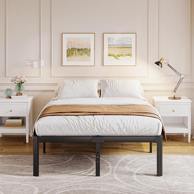 Askeld Bed Frame King, 16 Inch High Metal Platform Bed with Round Corner Leg, No Box Spring Needed, Heavy Duty Noise-Free Bed Base, Easy Assembly, Black