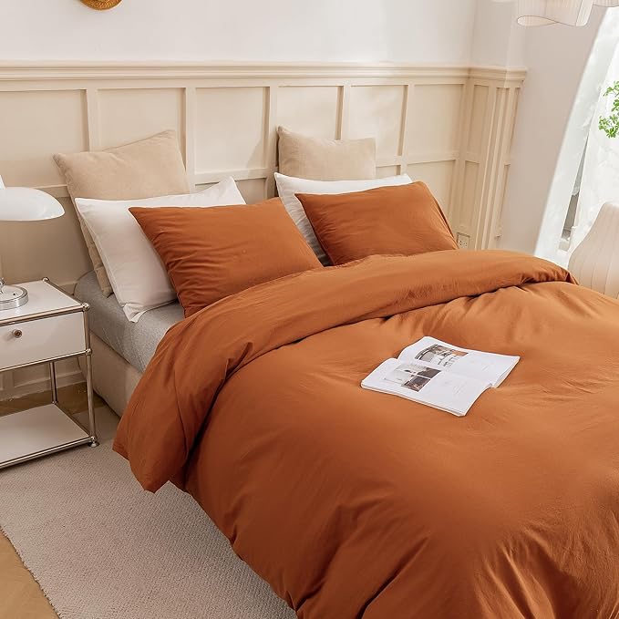 ECOCOTT 100% Washed Cotton Duvet Cover Full Size – Soft & Breathable Linen Feel Bedding Set, 3 Pieces Brown Comforter Cover with Zipper Closure for All Seasons