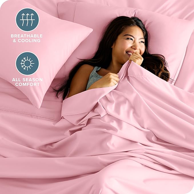 Bare Home Full XL Sheet Set - Luxury 1800 Ultra-Soft Microfiber Full Extra Long Bed Sheets - Double Brushed - Deep Pockets - Easy Fit - 4 Piece Set - Bedding Sheets & Pillowcases (Full XL, Light Pink) BareHome