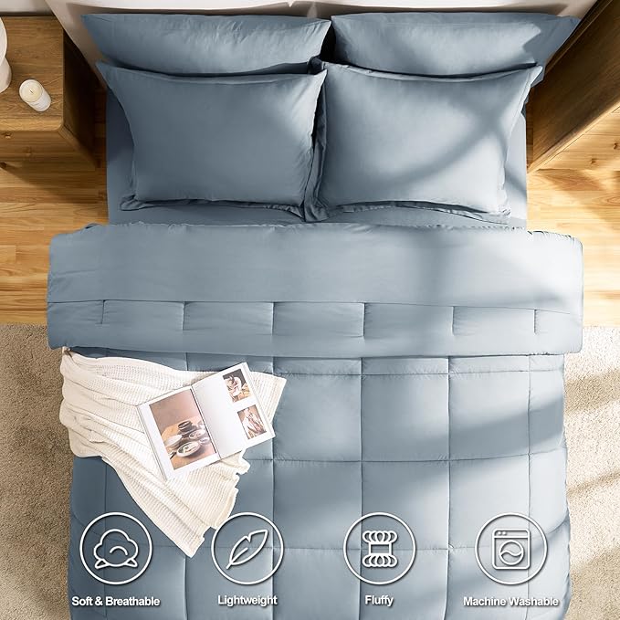CozyLux Queen Comforter Set Grayish Blue, 7 Pieces Bed in a Bag Queen, All Season Breathable Bedding Sets,Oeko-Tex Certified Bed Set with Down Alternative Comforter, Sheets, Pillowcases & Pillow shams