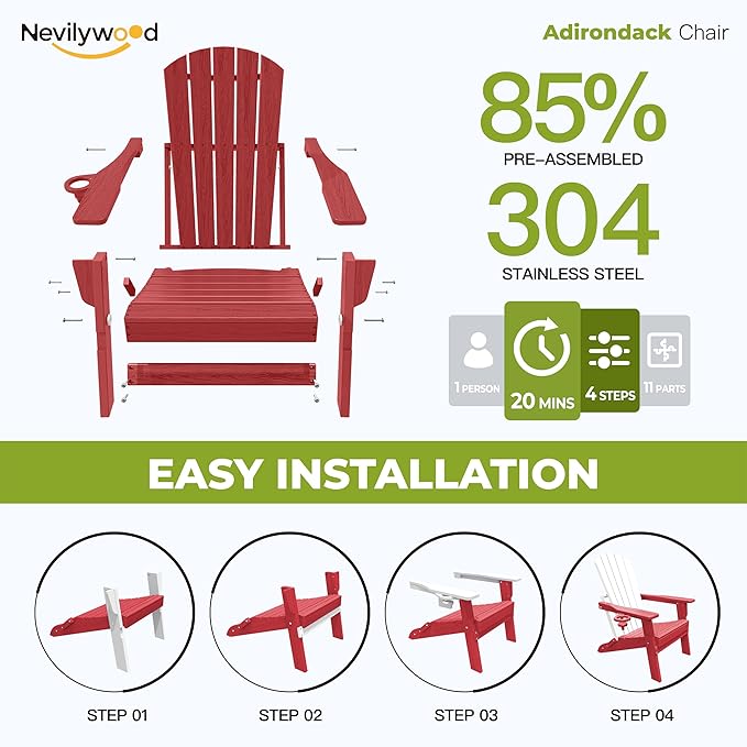 nevilywood Folding Adirondack Chair with Cup Holder Set of 2,HDPE All-Weather Patio Chairs,Plastic Outdoor Chairs- Looks Exactly Like Real Wood- Red