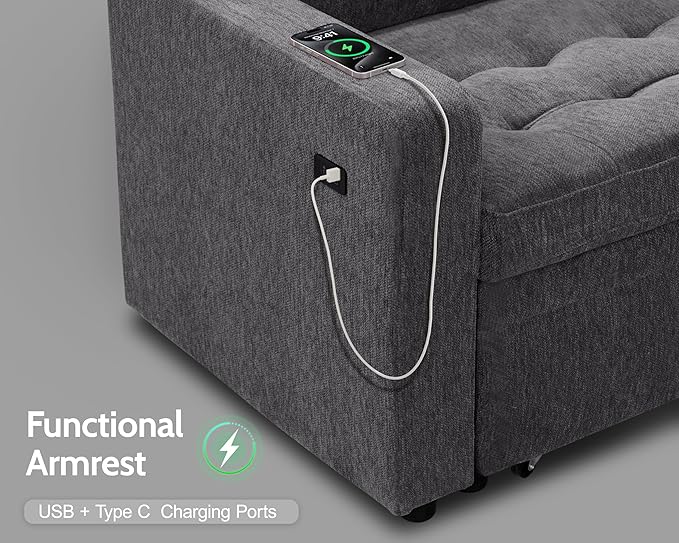 WEUP 5 Seat L Shaped Sectional Sleeper Sofa Bed with Pull Out Bed, Chenille Sectional Sleeper Couch with Adjustable Backrest, USB Ports & Storage Seat, Tool-Free Assembly, Chenille Dark Grey