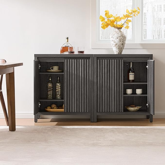 SICOTAS Sideboard Buffet Cabinet with Storage, Fluted Credenza Console Cabinet with Adjustable Shelves, Modern Coffee Bar Storage Cabinet for Kitchen, Living Room, Entryway, Black Oak