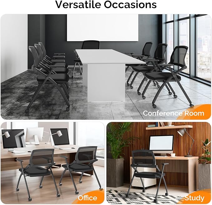 VINGLI 1 Pack Stackable Conference Room Chairs with Wheels, Folding Office Chair with Rebound Back, Padded Seat for Training Room, Guest, Reception, Event, Capacity 350lbs, Black