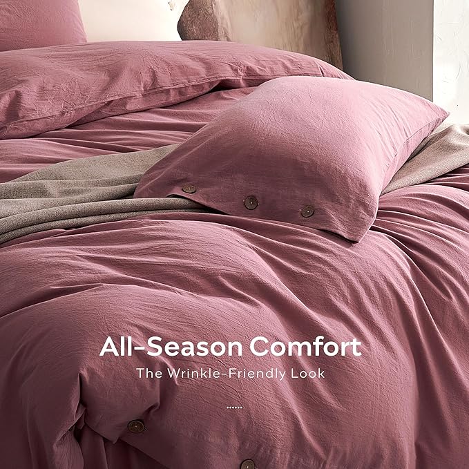 JELLYMONI 100% Washed Cotton Duvet Cover Twin – Soft, Breathable Linen-Look Bedding with Natural Wrinkle Texture, Button Closure, 3-Piece Set (Deep Rose, 68"x90")