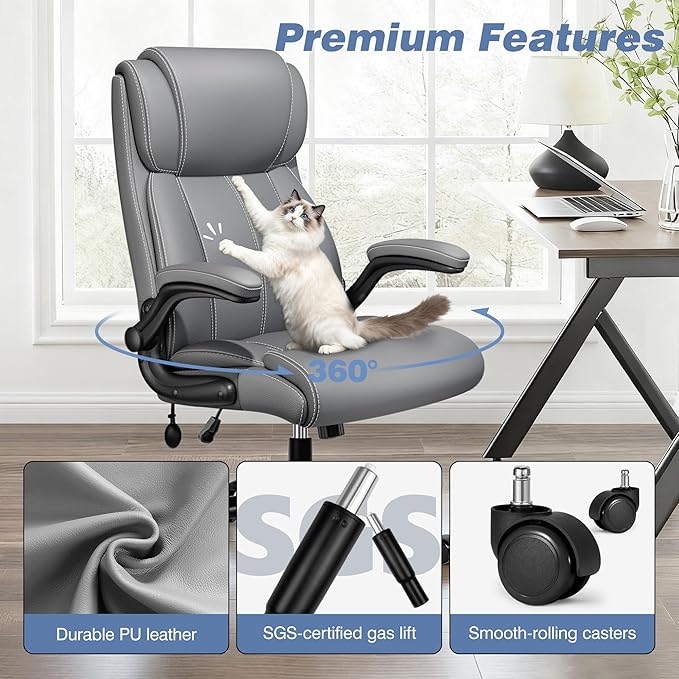 Ergonomic Office Chair - Desk Computer Chair, Leather High Back Executive Chairs with Adjustable Lumbar Support for Adults, Rolling Swivel Tilt, Gray
