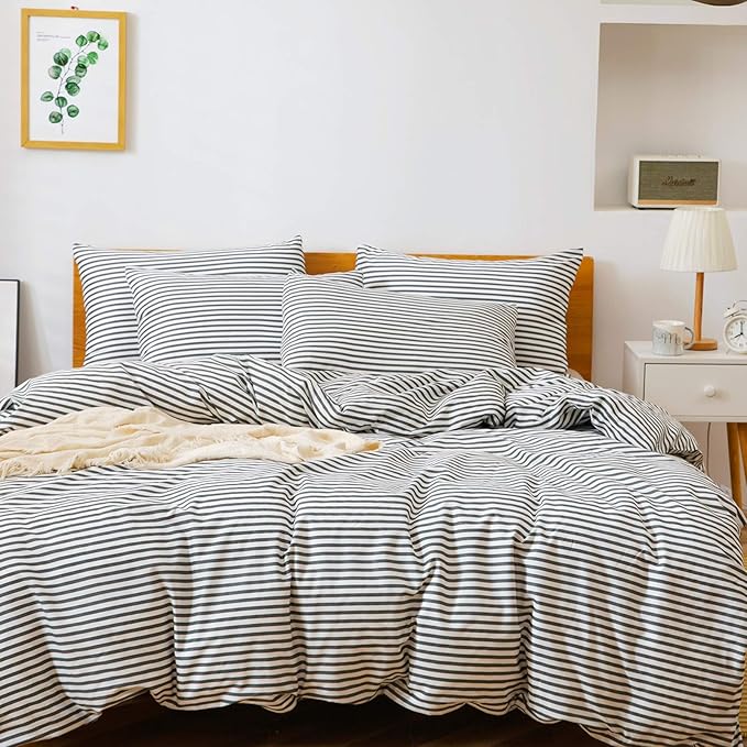JELLYMONI 100% Natural Cotton 3pcs Striped Duvet Cover Sets,White Duvet Cover with Dark Grey Stripes Pattern Printed Comforter Cover,with Zipper Closure & Corner Ties(Queen Size)