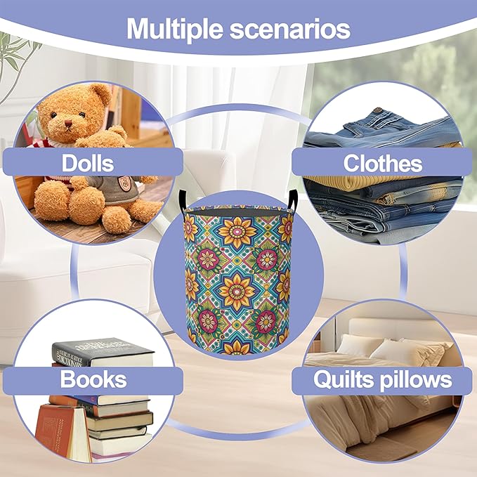 Laundry Basket,Retro Mandala Large Canvas Fabric Lightweight Storage Hamper Organizer Dirty Clothes Collapsible Waterproof for College Dorms,Bathroom