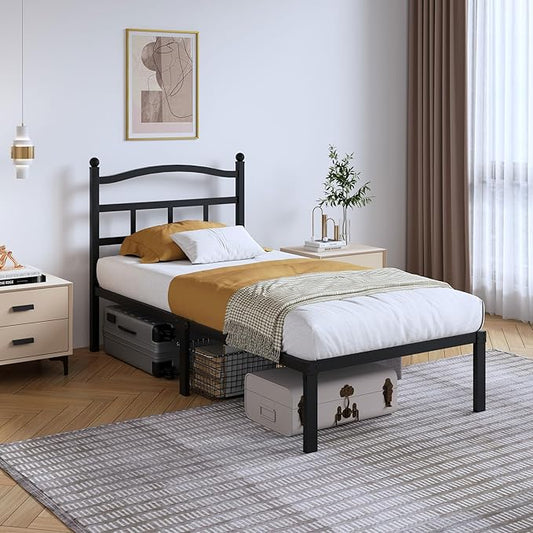 Metal Bed Frame with Headboard - 14 Inch Twin XL Size Heavy Duty Bedframe Black Basic Steel Slats Platform No Box Spring Needed/Easy Assembly/Noise Free