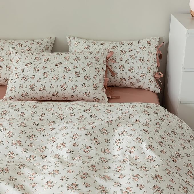 Pink Floral Duvet Cover Set Queen Vintage Style Cozy Cotton Soft Comforter Cover Queen 3 Piece for Girl Teen,Room Decor Boho Flowers Bedding Duvet Cover with 2 Pillowcases with Bow Ties
