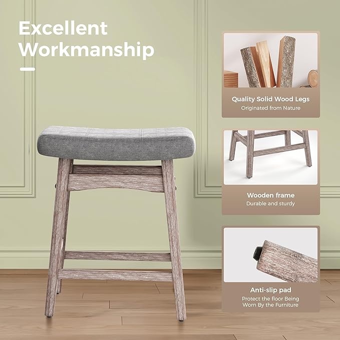 MAISON ARTS Counter Height Bar Stools Set of 2 for Kitchen Counter Solid Wood Legs with Fabric Saddle Seat Farmhouse Barstools for 34"-38" Counter Island Upholstered Stools, 24in, Grey Cushion
