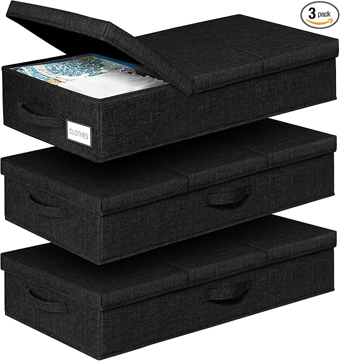 punemi Under The Bed Storage Containers 3 Pack, 6 Inch Tall Stackable Underbed Storage Bins With Handles, Closet Organizers and Storage Bins, Large Under Clothes Drawer Organizers Box For Crib, Black