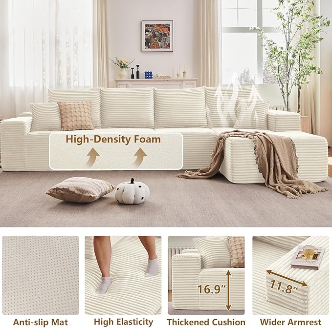 135" Cloud Sectional Couch with L-Shape Chaise, Modern Modular Comfy Sofa Chaise Longue, Upholstered Corduroy Couches Sleeper with Deep Seat for Living Room Bedroom, No Assembly Required, White