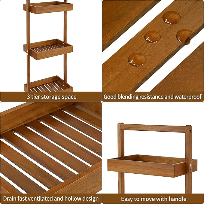 Utoplike Teak Shower Caddy Corner, 3 Tier Standing Shower Organizer Shelf with Handle, Wood Bathroom Stand Up Caddy Basket for Shampoo, Rack for Inside Shower, Bath, Office, Kitchen Desktop