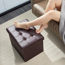 Storage Ottoman Foot Rest Stool, Small Leather Storage Ottomans Bench, Folding Foot Stool with Handles Lid, Foot Rest Under Desk for Living Room Bedroom, 17x13x13 in, Brown