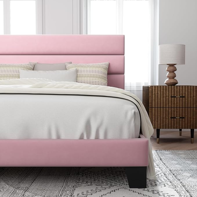 Allewie Full Size Platform Bed Frame with Velvet Upholstered Headboard and Wooden Slats Support, Fully Upholstered Mattress Foundation/No Box Spring Needed/Easy Assembly, Pink