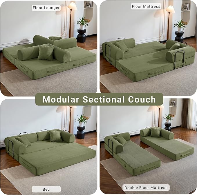 Compressed Sofa, Convertible Sofa Bed, Corduroy Compression Boneless Couch with Pillow, Comfy Modular Foldable Floor Sleeper Sofa for Bedroom, Living Room, Lounge, Studio (Green)