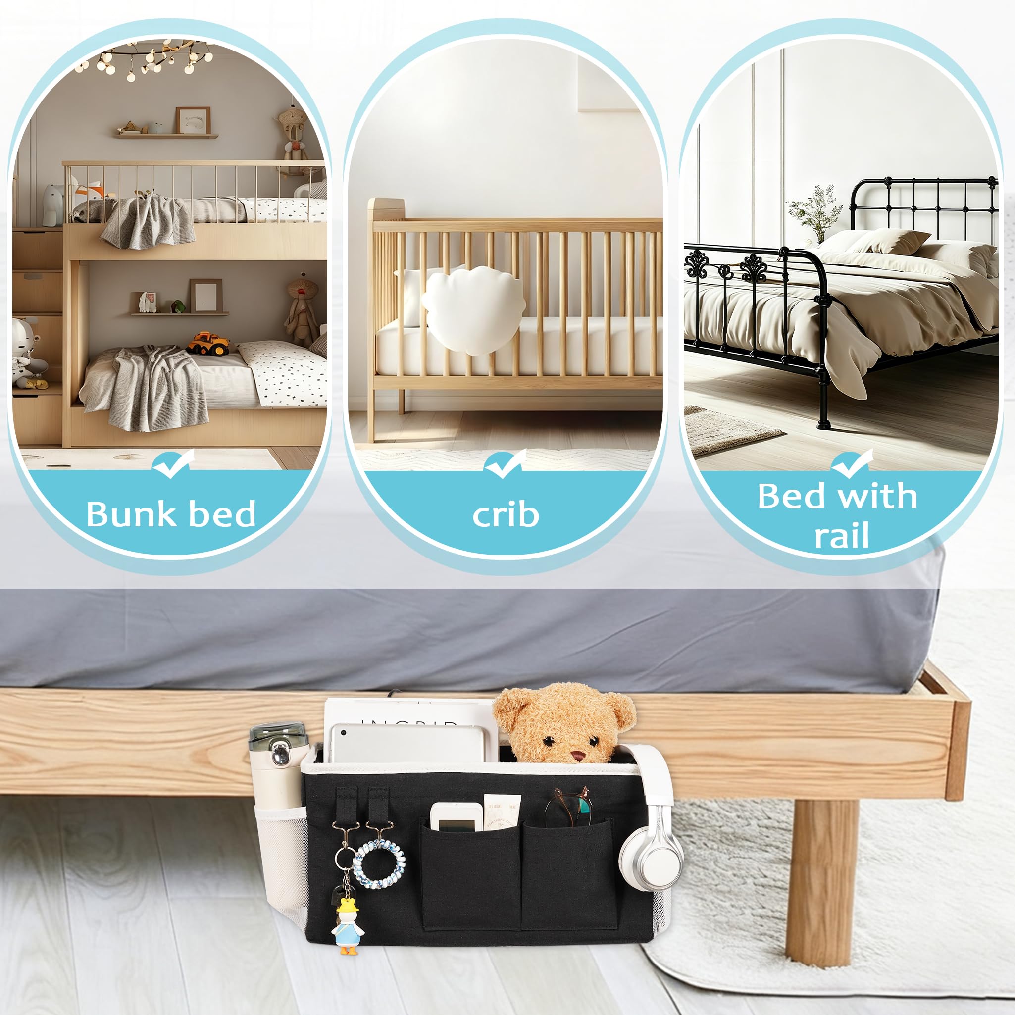 Loghot Bedside Caddy/Bedside Storage Bag Hanging Organizer for Bunk and Hospital Beds,Dorm Rooms Bed Rails,Can be Placed Glasses,Books,Mobile Phones,Keys (Light Pink) Dormly