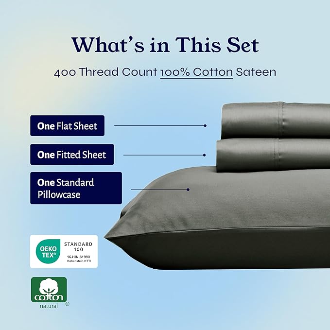 California Design Den Twin XL Sheet Sets - 100% Cotton Sheets, 400 Thread Count Sateen, Deep Pockets, and Durable Bedding, Dorm Essentials for Guys - Grey CaliforniaDesignDen