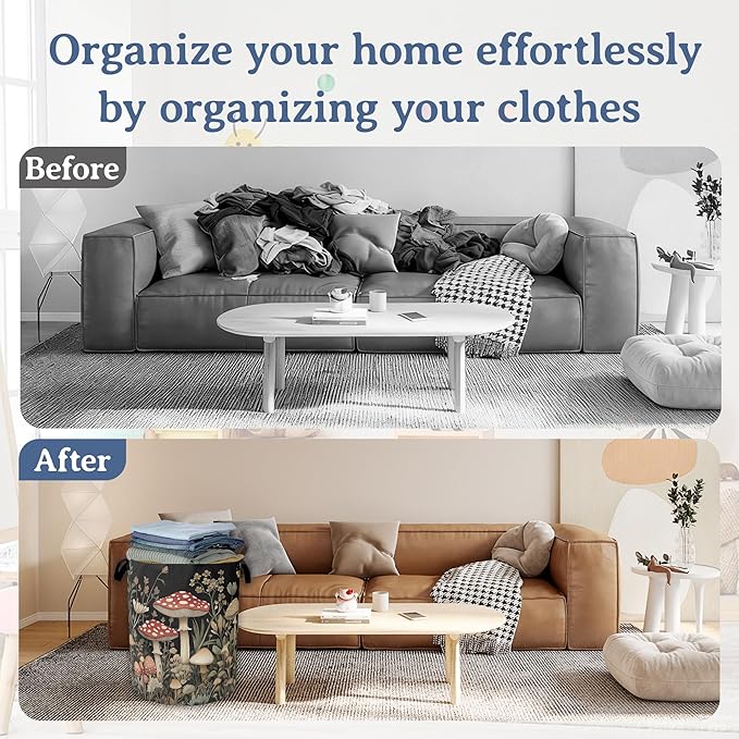 Red Mushrooms Laundry Basket,Foldable Waterproof Oxford Cloth Tote Bag Wildflower Plant Berries Laundry Hamper with Handles,20.8"x16" Clothes Storage Bucket Organizer for Laundry Room Bathroom Bedroom