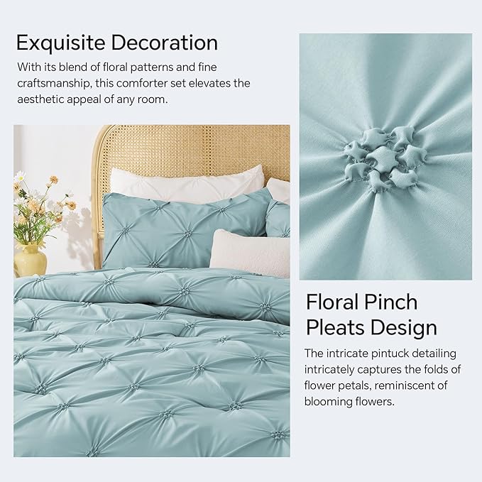 BEDELITE Dusty Blue Queen Comforter Set - 3 Pieces Boho Pintuck Bedding Comforter Sets, Lightweight Soft & Warm Bed Comforter Queen with 2 Pillowcases for All Season