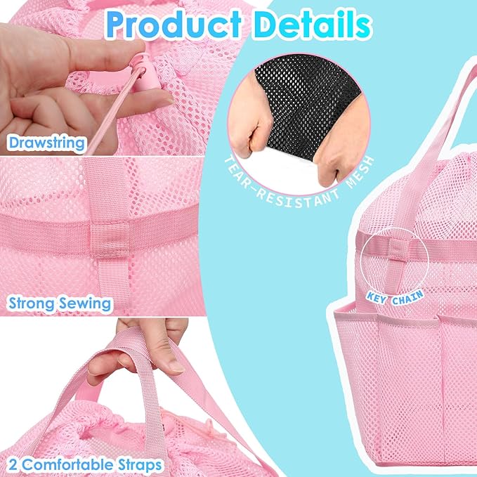 Mesh Shower Caddy Portable with Drawstring, Dorm Room Essentials for College Girls Guys, 8-Pocket Extra Large Shower Bag Basket Tote for Camping Beach Gym Travel Toiletry Bathroom