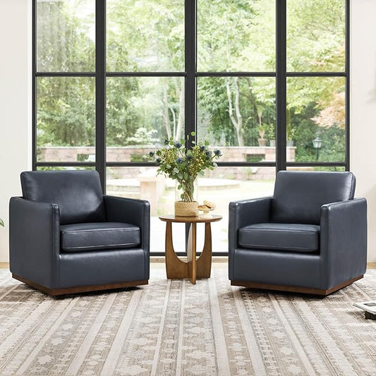 CHITA Genuine Leather Swivel Accent Chair, FSC Certified Mid Century Modern Arm Chair for Living Room and Bedroom, Fully Assembled, Navy
