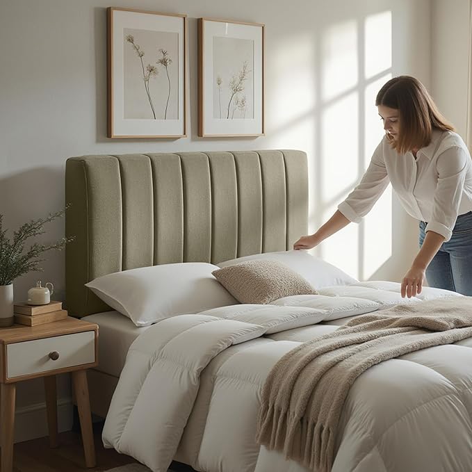 Hearth & Harbor Upholstered Full Headboard - Easy Assemble Channel Stitched Headboard Full Size - Wall Mounted Headboards with 3D Soundproof Wall Panels Peel & Stick Floating Headboards, Olive Green