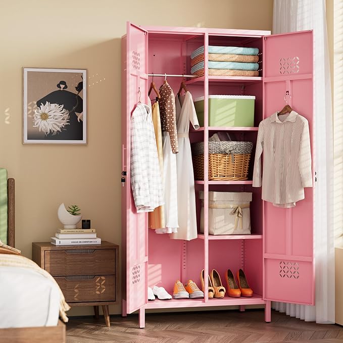 Aobabo Metal Wardrobe Cabinets with Lock, 2 Door Metal Closet with 4 Adjustable Shelves and 2 Hannging Rod, Lockable Locker Cabinet, Storage Locker for Home, Office,Pink, Assembly Required