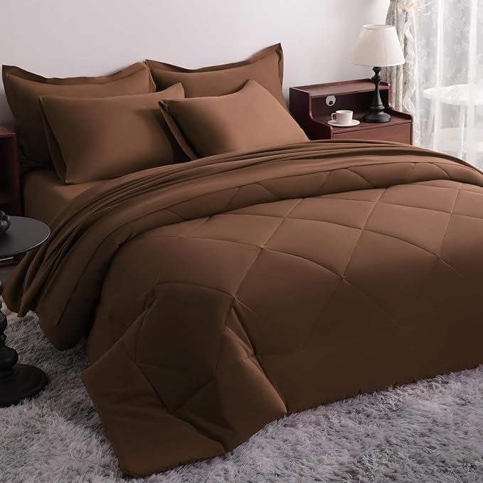 NTBAY Queen Comforter Set with Sheets, 7 Pieces Soft and Breathable Queen Bedding Set, Bed in a Bag, Down Alternative Comforter Set Solid Color All Season, Queen Bedding Set, Brown