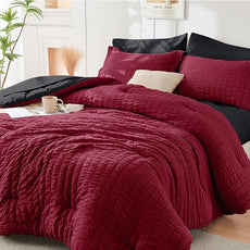 HYMOKEGE Red & Black Full Size Comforter Sets Seersucker 7 Pieces, All Season Luxury Bed in a Bag for Bedroom, Bedding Set with Comforters, Sheets, Pillowcases & Shams