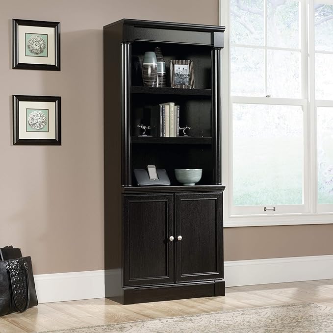 Sauder Palladia Book Shelf, Bookshelf with Storage, Library Bookcase with Doors and Adjustable Shelves, in Wind Oak Finish