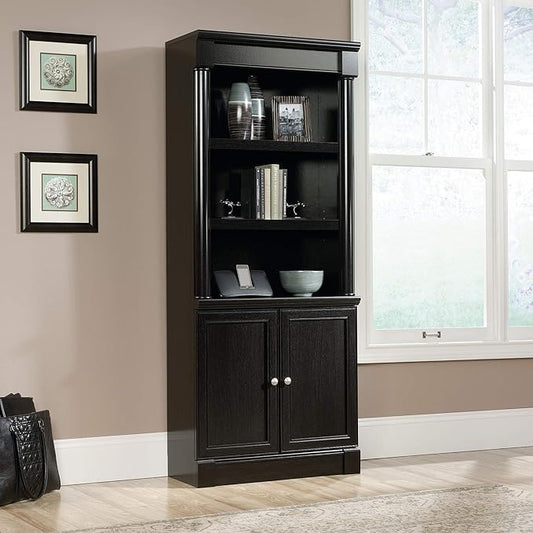 Sauder Palladia Book Shelf, Bookshelf with Storage, Library Bookcase with Doors and Adjustable Shelves, in Wind Oak Finish