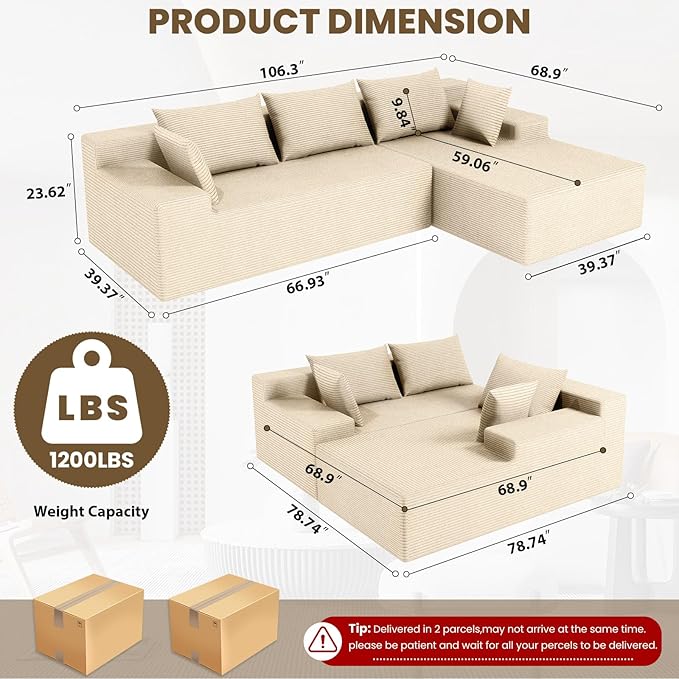 LEVELEVE 107" Cloud Sectional Couch with Deep Seat，Modern Modular Sofa with L-Shape Chaise，No Assembly Required, Upholstered Couches for Living Room Bedroom(Beige,Right Facing Chaise)