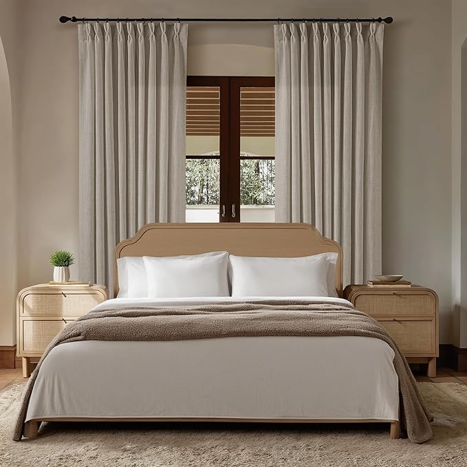 Extra Wide Curtains 60 Inch Width 84 Inches Long for Living Room Bedroom Light Filtering Semi Sheer Farmhouse Pleated Curtain Hooks Rings for Patio Sliding Door Large Window Burlywood Taupe 1 Panel