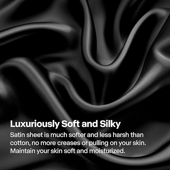 BEDELITE Satin Sheets Twin Size Bed Set, Luxury Soft Black Silky Sheets for Hair and Skin, Similar to Silk Bed Sheets Set 3 Pieces with 1 Deep Pocket Fitted Sheet, 1 Flat Sheet, and 1 Pillowcase