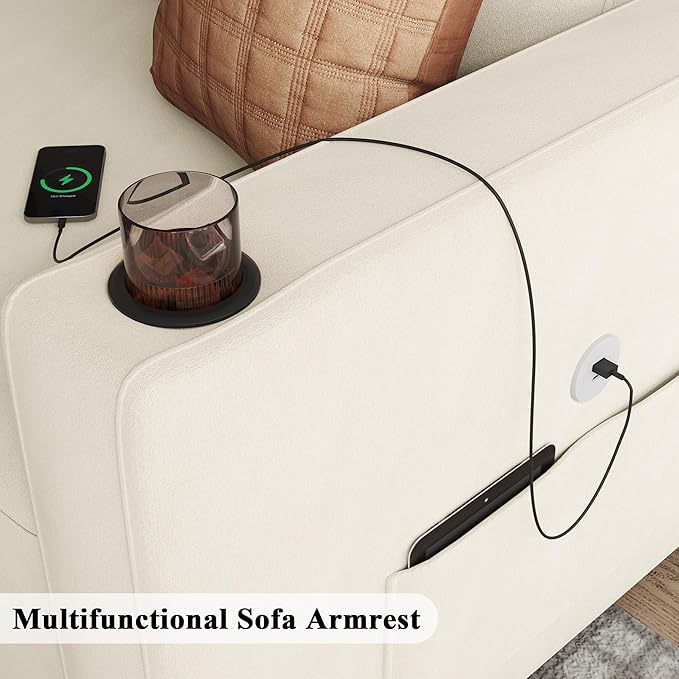 Keyluv 87" Pull Out Sleeper Sofa Bed with Storage Chaise, Reversible 2 in 1 Sectional Sofa Bed with Charging Station and Cup Holder, L-Shaped Sofa Couch for Living Room, Velvet Beige