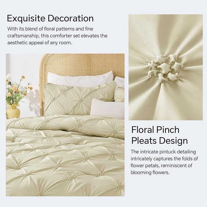 BEDELITE Beige Queen Comforter Set - 3 Pieces Boho Pintuck Bedding Comforter Sets, Lightweight Soft & Warm Bed Comforter Queen with 2 Pillowcases for All Season