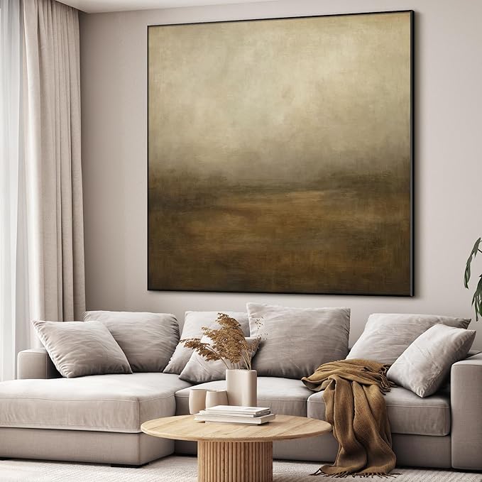 36"x36" Large Framed Wall Art - Soft Morning Field Warm Neutral Abstract Landscape (Frame Assembly Required)