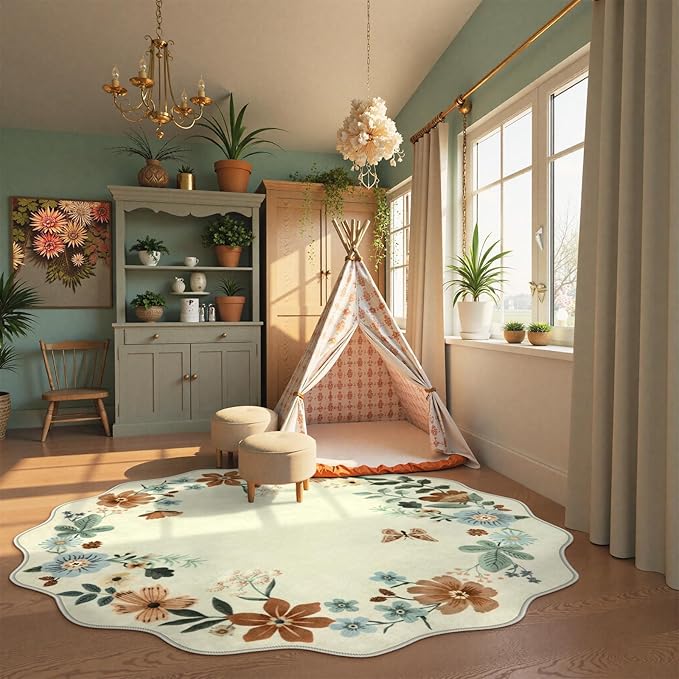Lahome Floral Washable Round Area Rug, Soft Round Rugs 6ft Ultra-Thin Non-Slip, Boho Large Circle Carpet for Bedroom Living Room Kitchen Nursery, Beige
